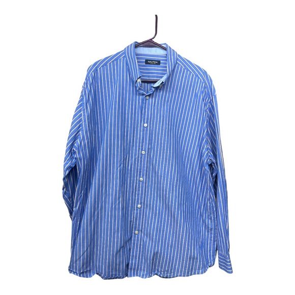 Sz 17.5 34/35 Nautica Blue/White/Orange Stripe Button Down Shirt - Picture 4 of 6